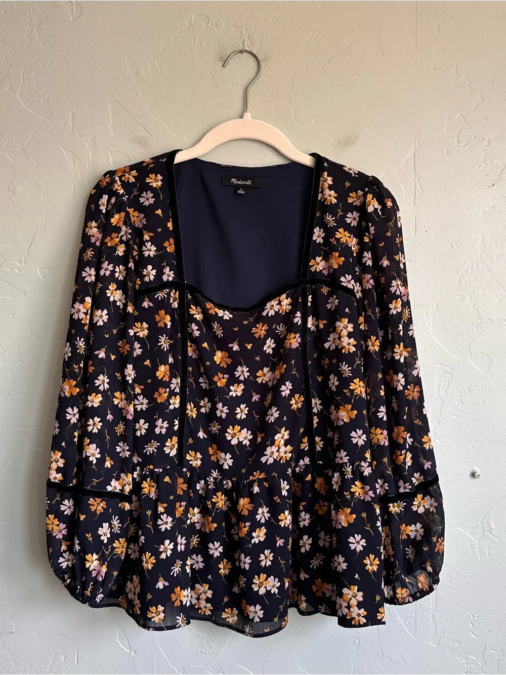 Madewell Velvet Trim Square-Neck Navy Floral Romantic Peasant Blouse Top SM EUC